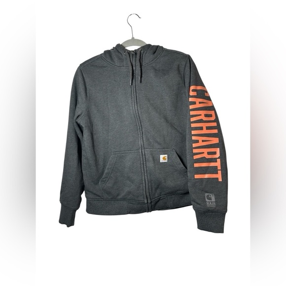 Carhartt Rain Defender Full-Zip Hoodie Gray Orange Logo Size Small - Picture 2 of 9